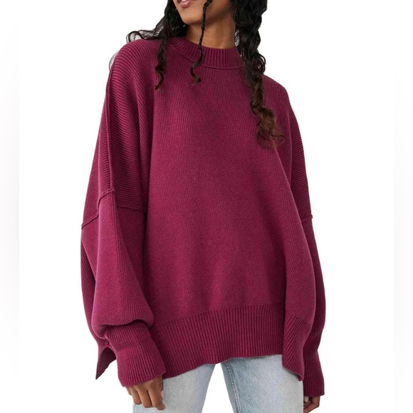 SOLD- FREE PEOPLE Easy Street Oversized Dreamy Mulberry Sweater Burgundy Knit - Picture 2 of 4